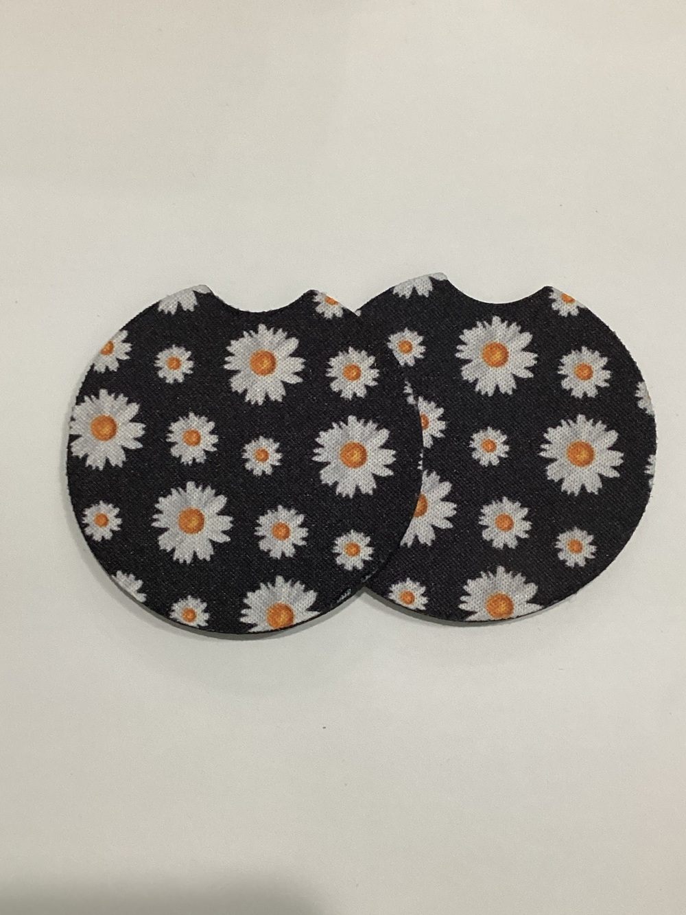 Black Daisy Print Round Car Coaster Set - Floral Drink Holders